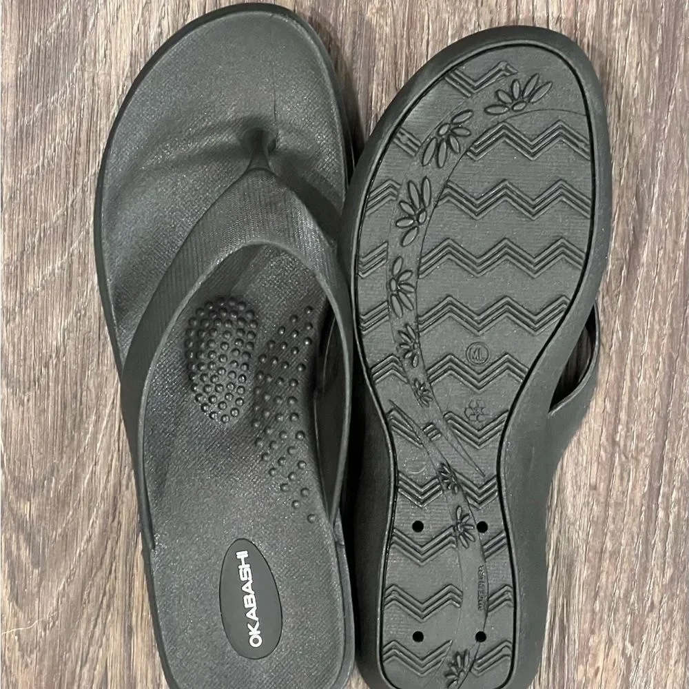 OKABASHI Women's Black Maui Flip Flops Size Medium/Large -‎ New Without Tags